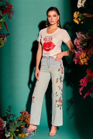 5155 DENIM LARGO FLORES BORDADAS