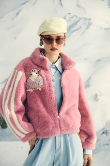 VESTE TEDDY ROSE À RAYURES BLANCHES