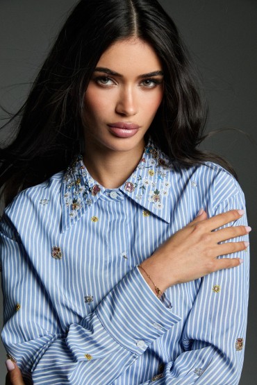 CAMICIA A RIGHE BLU CON STRASS