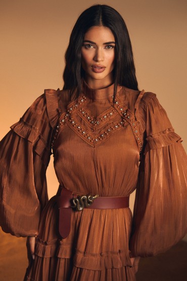 LONG BROWN DRESS WITH RHINESTONES