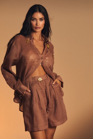 SET SHIRT AND TROUSERS MOKA LINEN/SUMMER COLLECTION