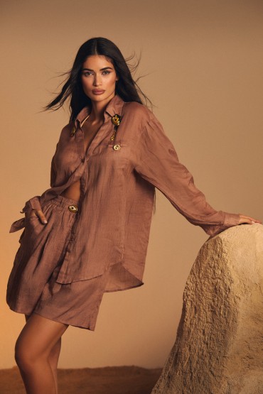 SET CAMICIA E PANTALONI MOKA LINO/COLLEZIONE ESTIVA