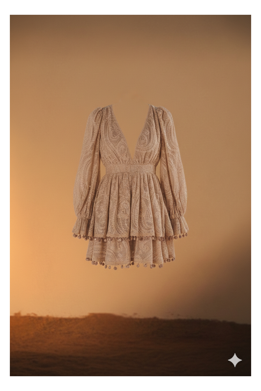 VESTIDO BEGE CURTO COM FOLHOS