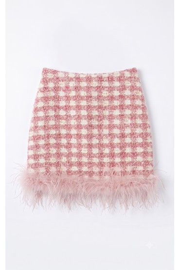 GONNA A QUADRI E PIUME ROSA