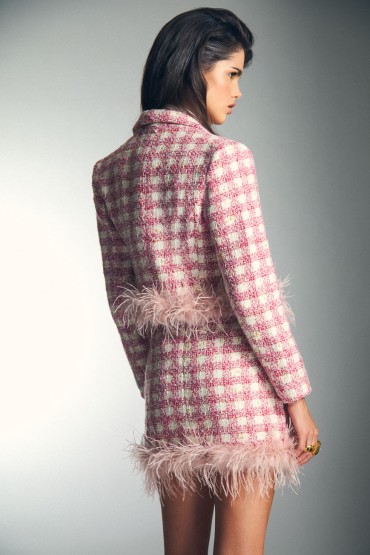 FALDA CUADROS Y PLUMAS ROSA