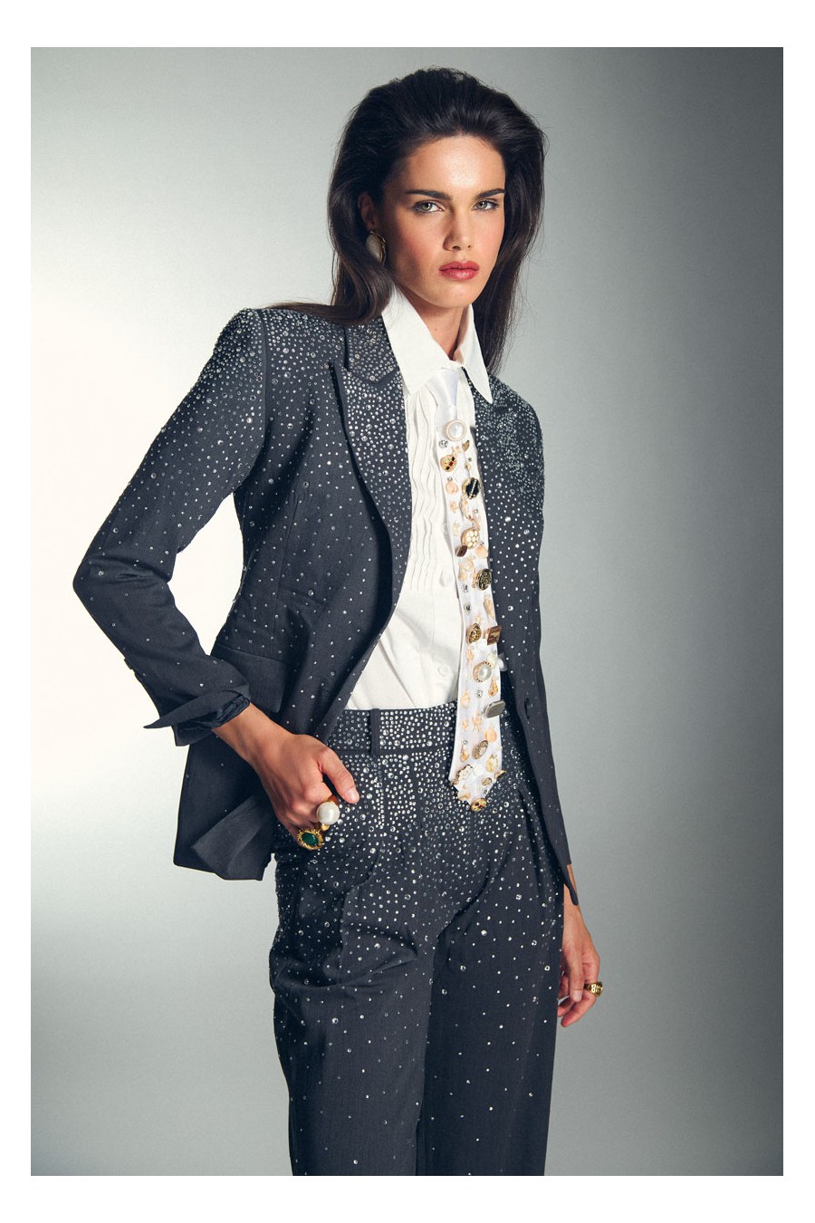 CASACO CINZENTO COM STRASS E GLITTER
