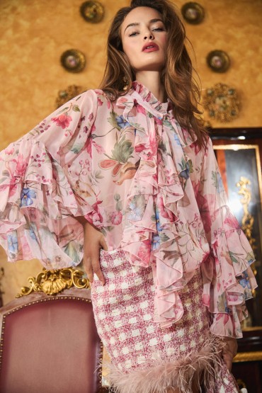 FALDA CUADROS Y PLUMAS ROSA
